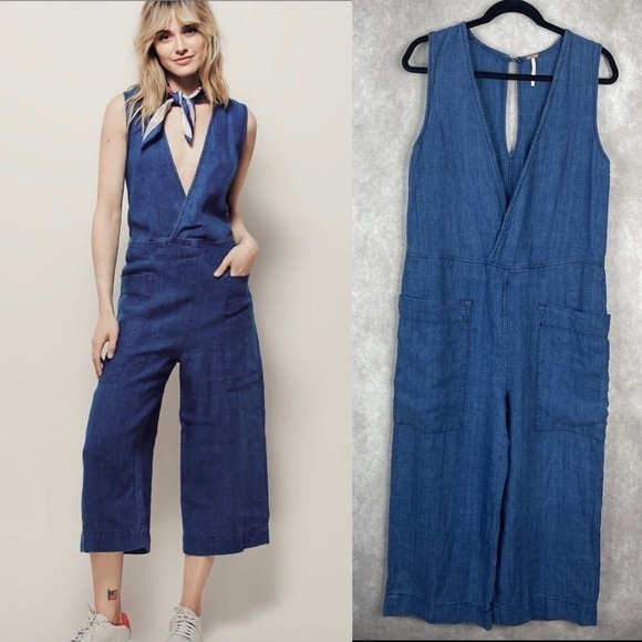 Free People Wide Leg Deep-V Linen Blue Chambray Jaimie Artisan Jumpsuit Size 2 - Picture 1 of 10